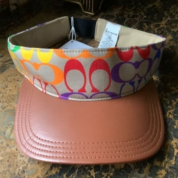 NWT COACH RAINBOW SIGNATURE COTTON/LEATHER VISOR NEW WITH TAG - Picture 6 of 9
